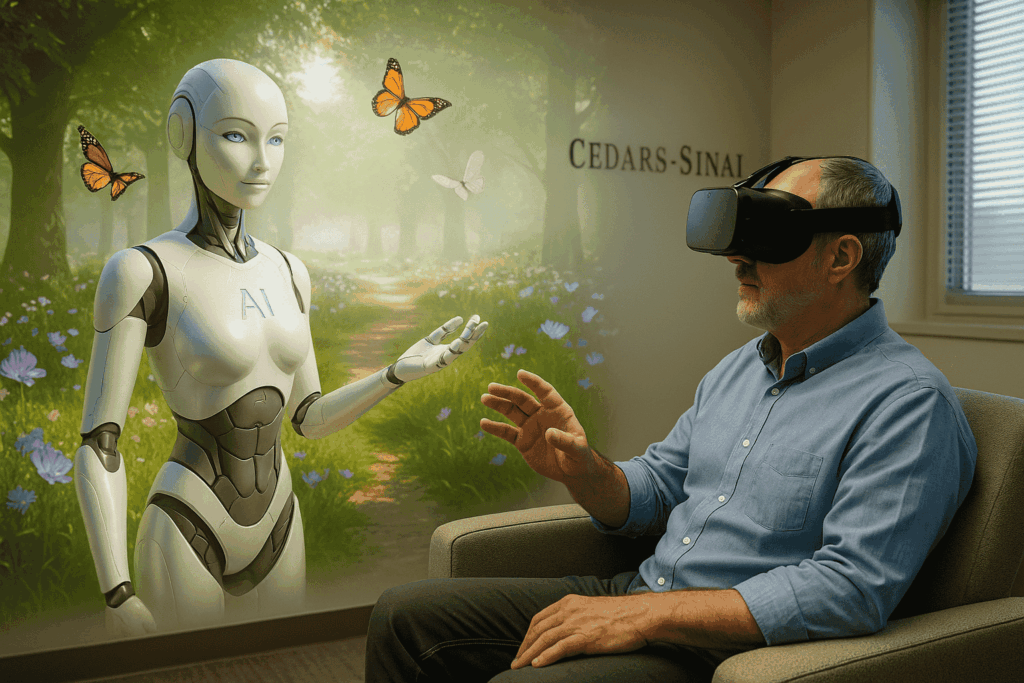 A patient wearing a VR headset interacts with the AI-powered robot therapist Xaia in a calming virtual environment at Cedars‑Sinai.