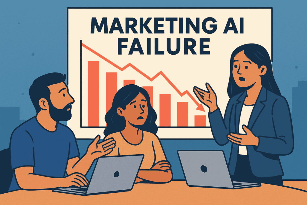 A modern marketing team uses AI dashboards to analyze campaign performance and data quality, highlighting how to avoid marketing AI failure.