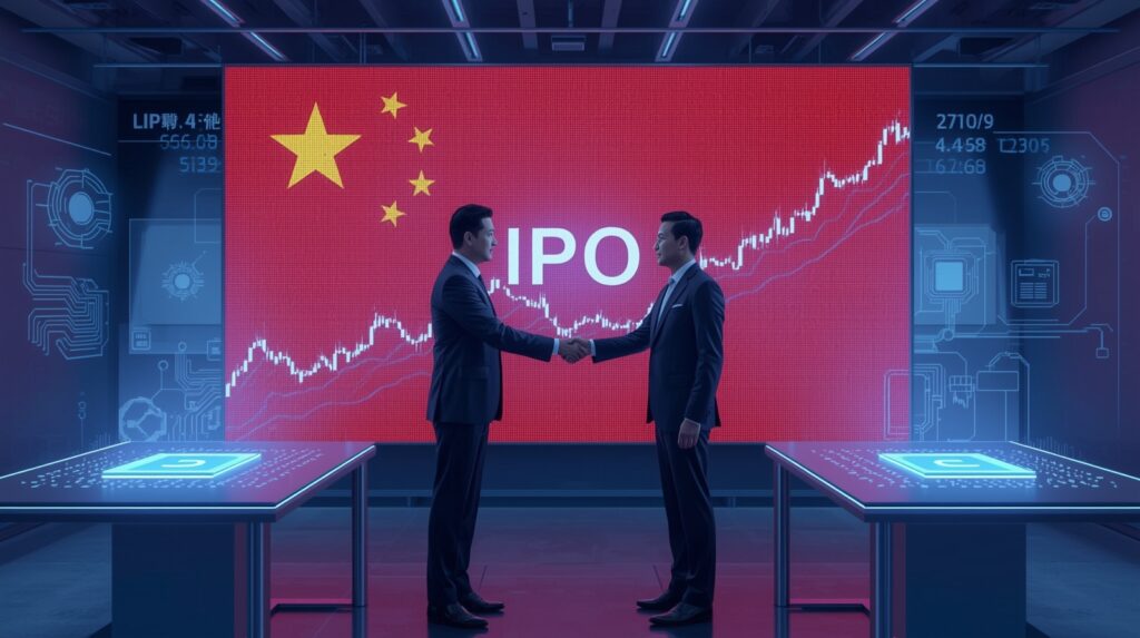 Chinese AI chipmakers IPO visual showing executives and chip innovation