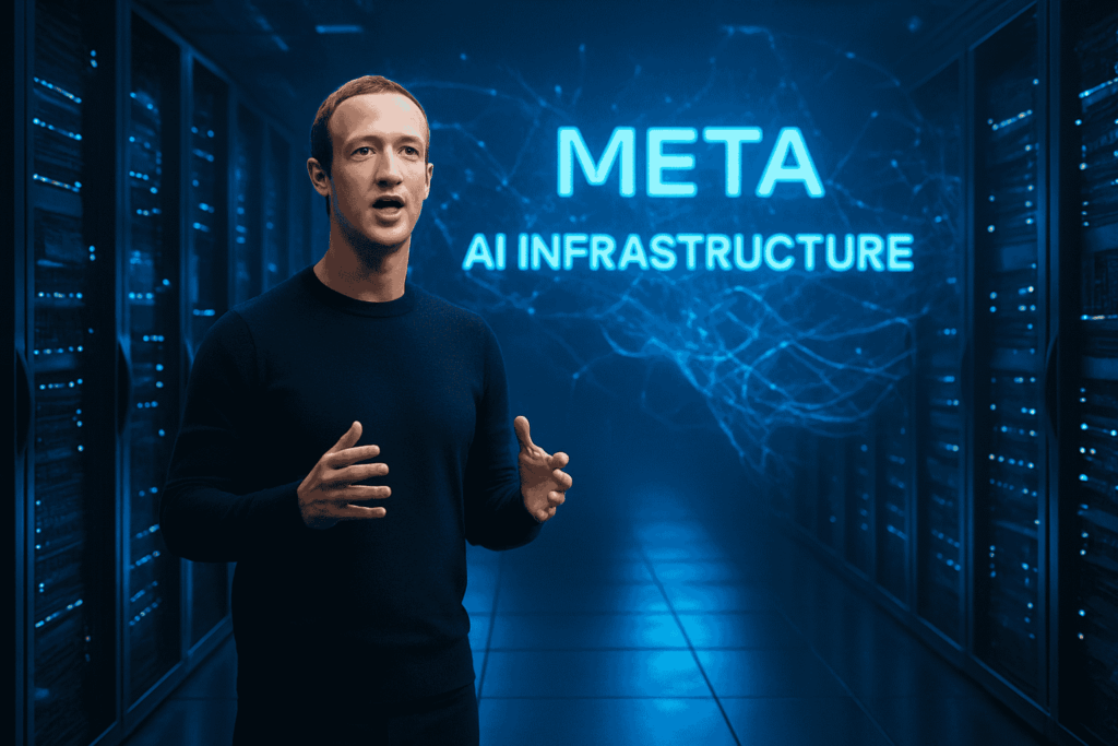 Mark Zuckerberg standing in a futuristic Meta data center, surrounded by AI servers and glowing neural network visuals — high-tech, blue-lit atmosphere.