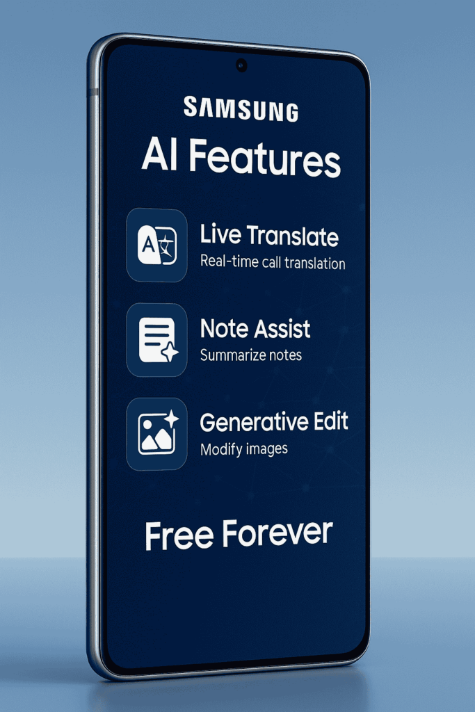 Samsung Galaxy smartphone displaying AI features such as live translation and note assist, against a digital tech background.