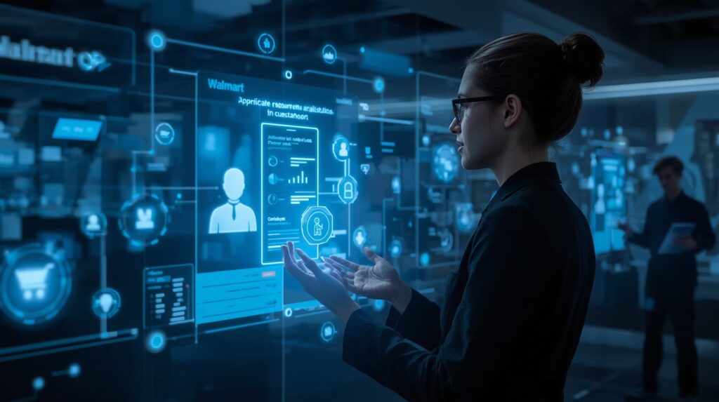 Futuristic visualization of Walmartās AI super agents like Sparky interacting with customers and handling internal tasks simultaneously.