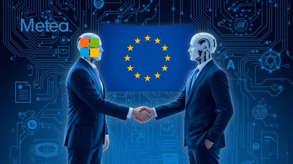 Microsoft agrees to EU AI Code of Conduct while Meta declines, illustrated by symbolic characters representing collaboration and refusal with EU and AI elements.