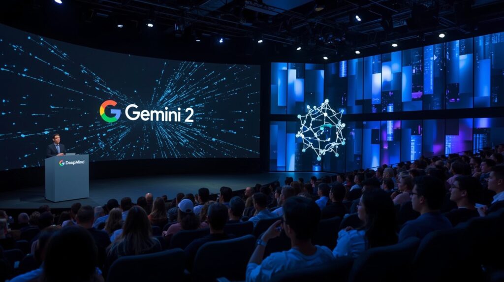A modern auditorium stage during the launch of Google DeepMind’s Gemini 2, featuring a presenter beside a holographic AI model and a large screen showing the Gemini 2 logo and neural‑network visuals.