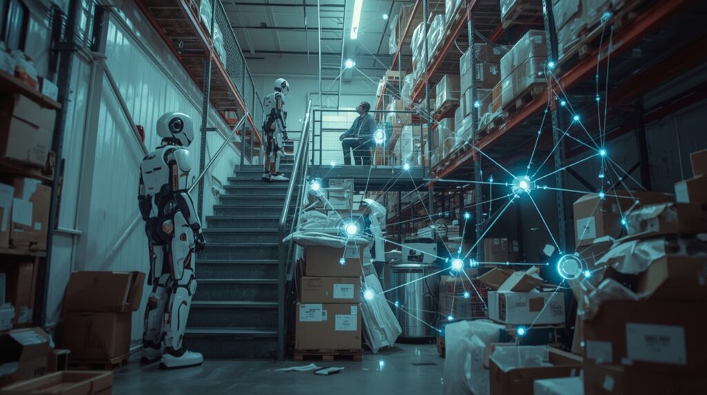 Multipurpose robots using Skild Brain to perform tasks across warehouse and home environments with neural overlay connections.