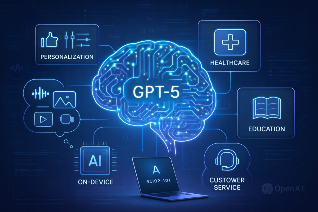 Illustration of GPT-5 AI brain powering real-world applications like healthcare, education, and on-device AI