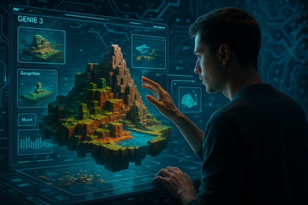 A futuristic game developer using DeepMind's Genie 3 to create immersive AI-generated worlds with pixel-style terrains and advanced neural interfaces.
