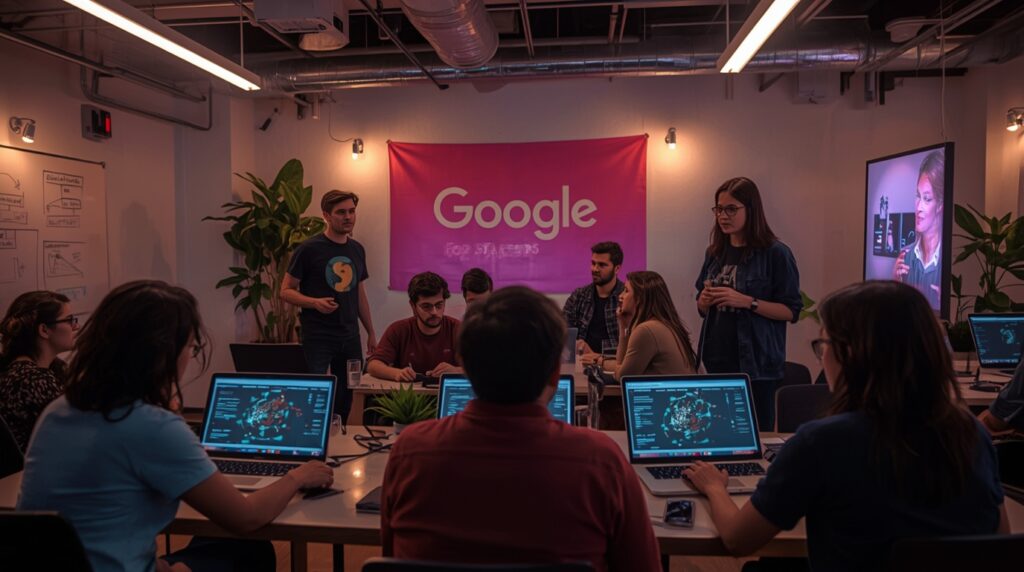 A group of AI startup founders working in a collaborative space under a Google for Startups banner, reviewing pitch decks and AI dashboards.