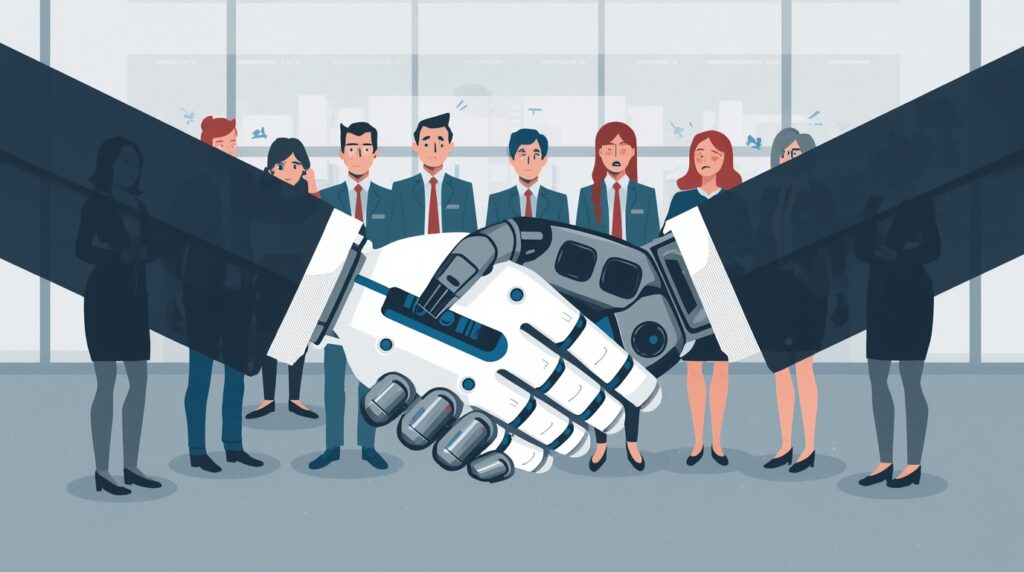 Illustration of AI and human handshake with UK workers expressing job concerns.