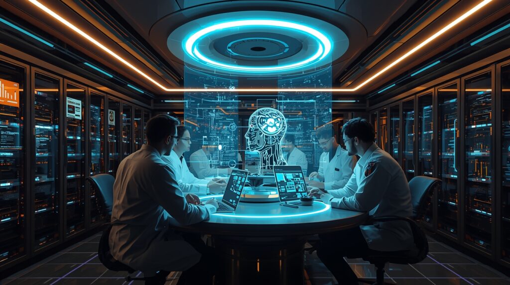Scientists testing rival AI models in a futuristic lab setting.