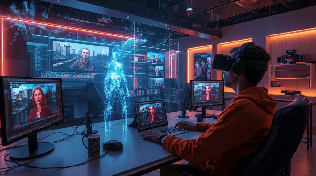 Futuristic YouTube AI Editing tools transforming video production.