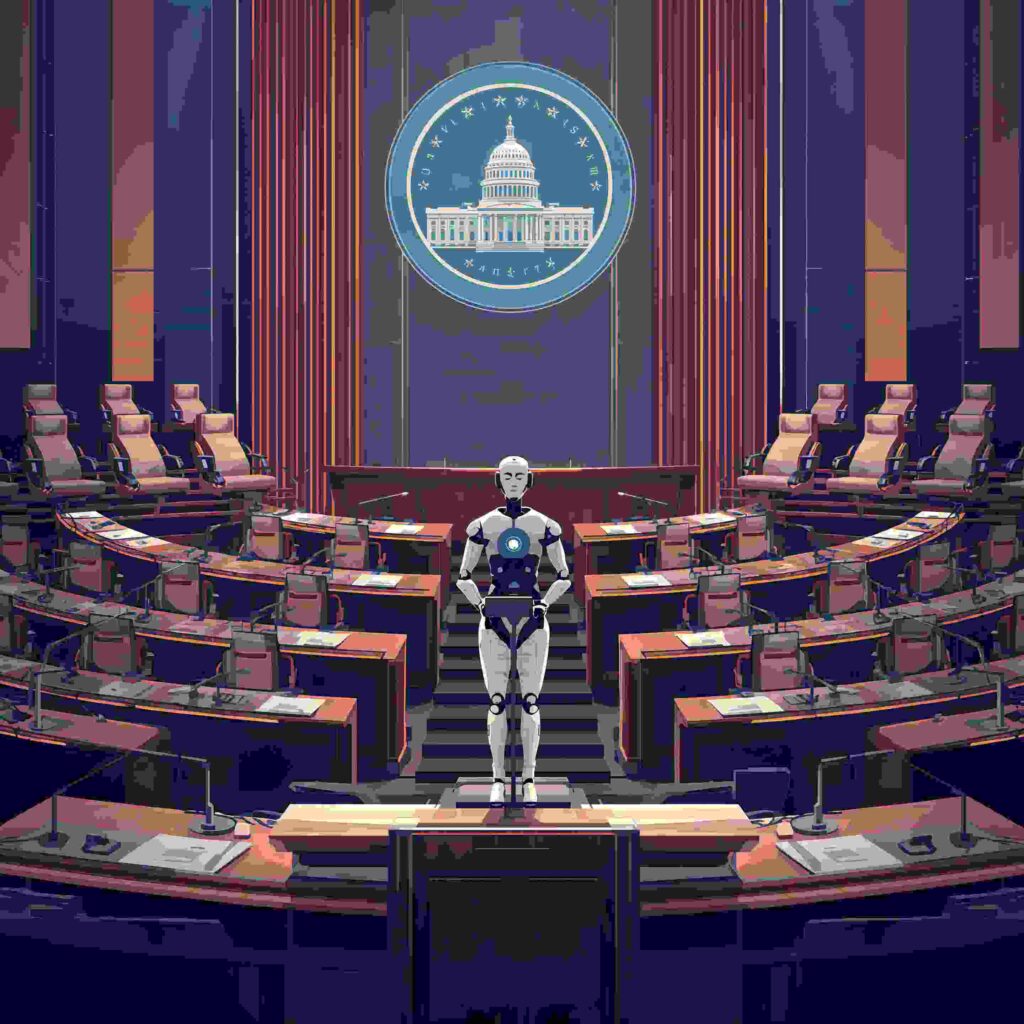 AI humanoid at government podium discussing AI rights and citizenship.