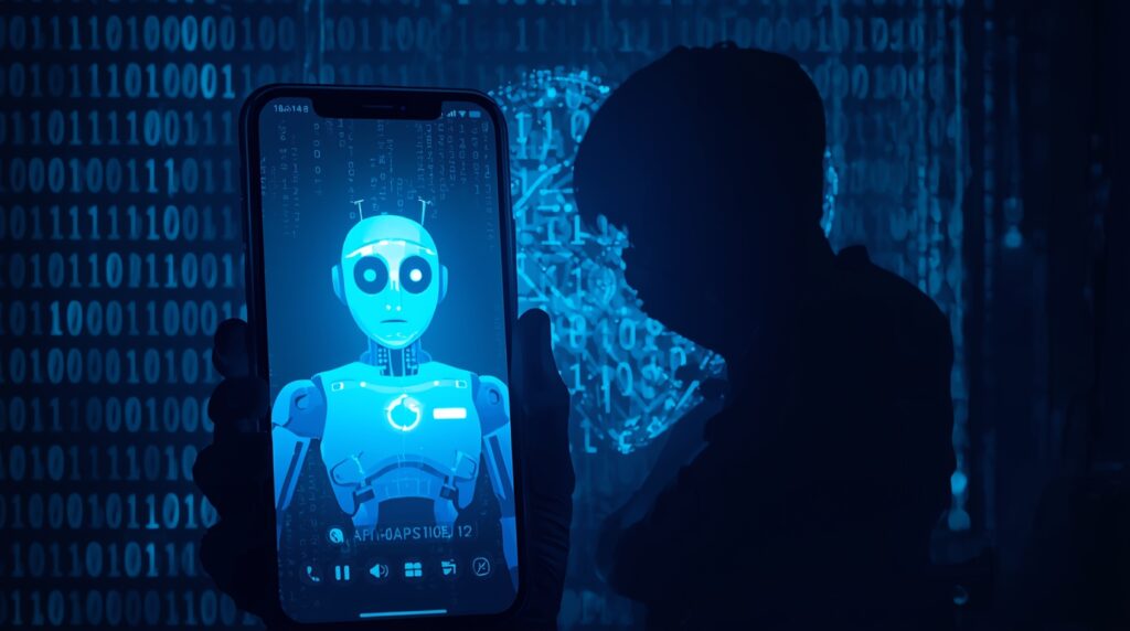 AI chatbot screen glowing while a person in distress sits beside it.