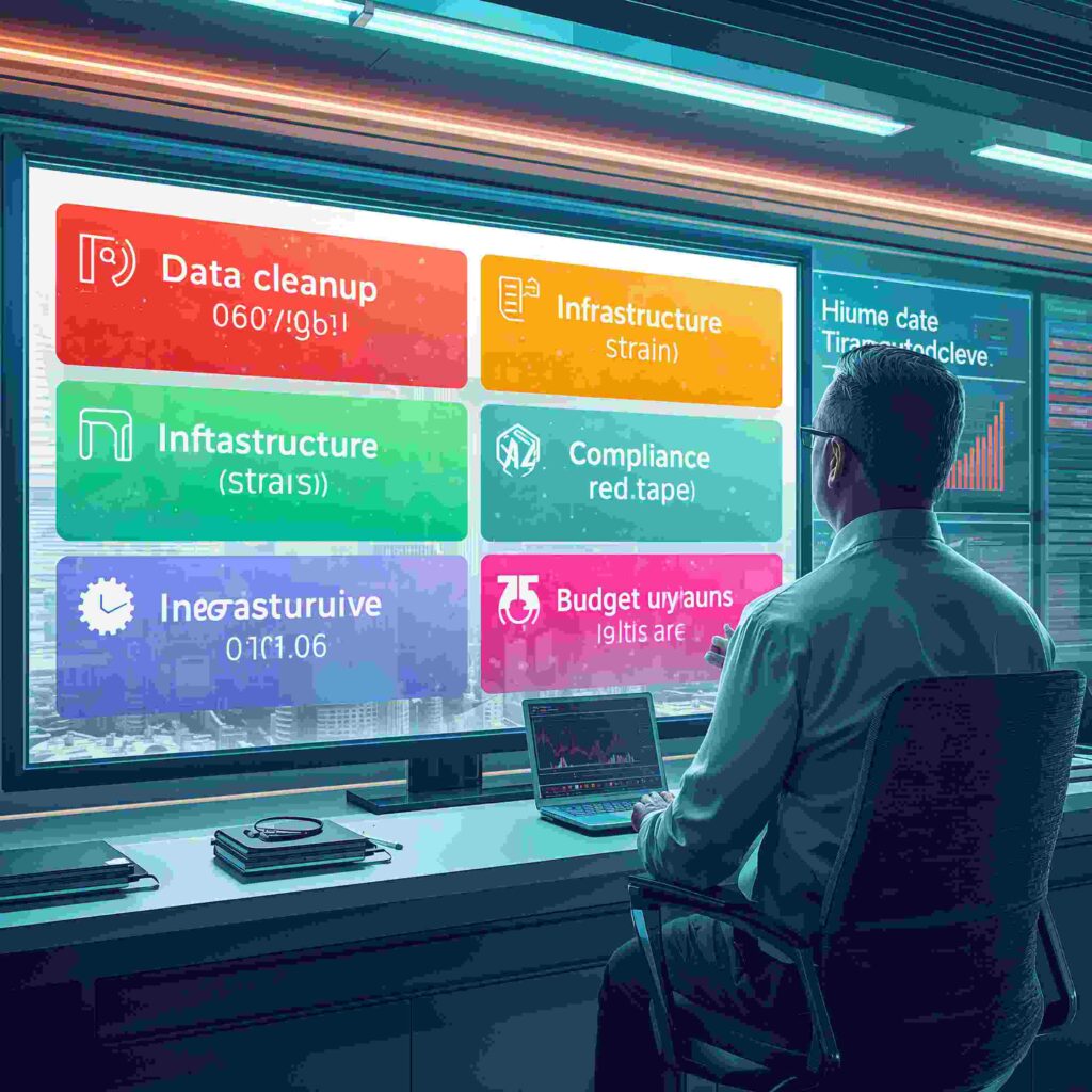 Dashboard showing hidden costs of AI implementation for CEOs—data, infrastructure, compliance, ROI.