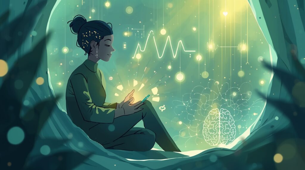 Digital illustration of ChatGPT providing AI emotional support in a calm environment.