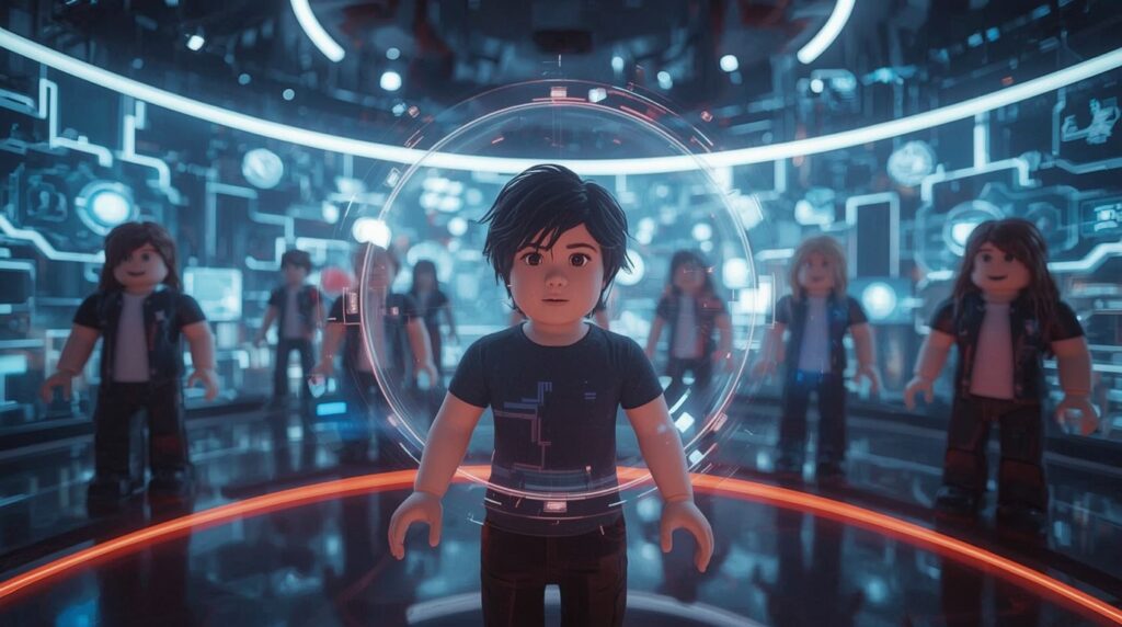 "Roblox AI safety system protecting children in online chats with AI moderation."