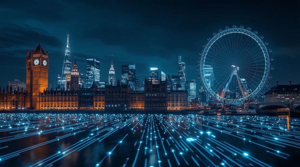 Futuristic UK skyline with glowing AI chip design circuits.