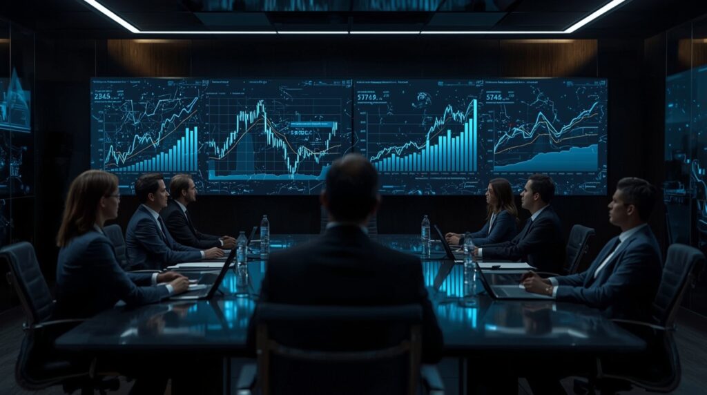 Executives analyzing Generative AI’s financial impact with mixed results on digital dashboards.