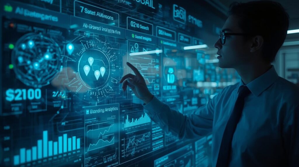 Business leader reviewing Yext Scout AI search dashboard for local search optimization.