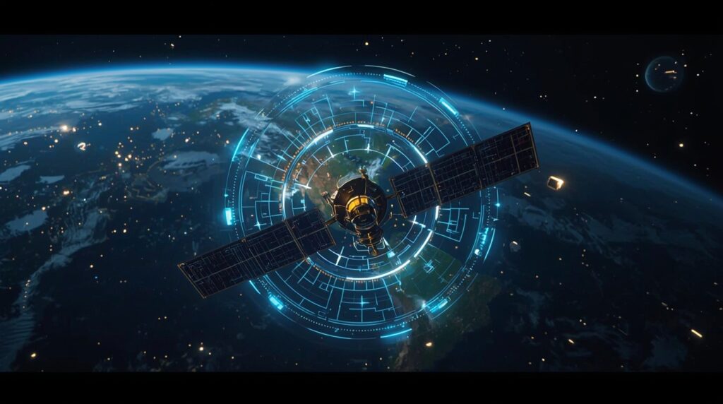 Satellite protected by AI shield with debris detection in orbit.