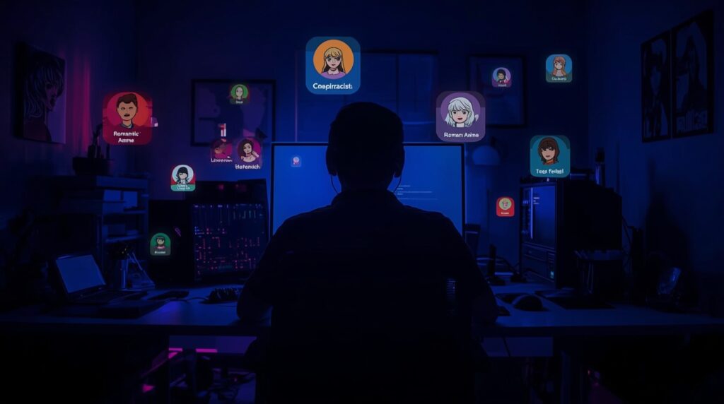 An illustration showing the hidden AI personas of Grok, including a “conspiracist” and “unhinged comedian,” exposed like floating prompt cards.