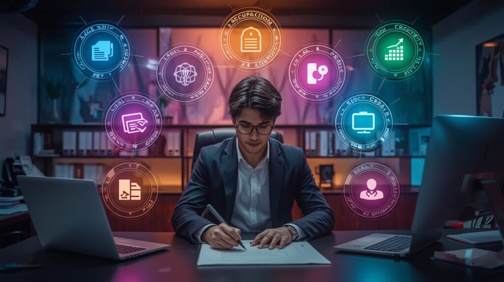 User surrounded by eight Grammarly AI agent icons—Academic, Legal, Creative, etc.—demonstrating specialized writing assistance.