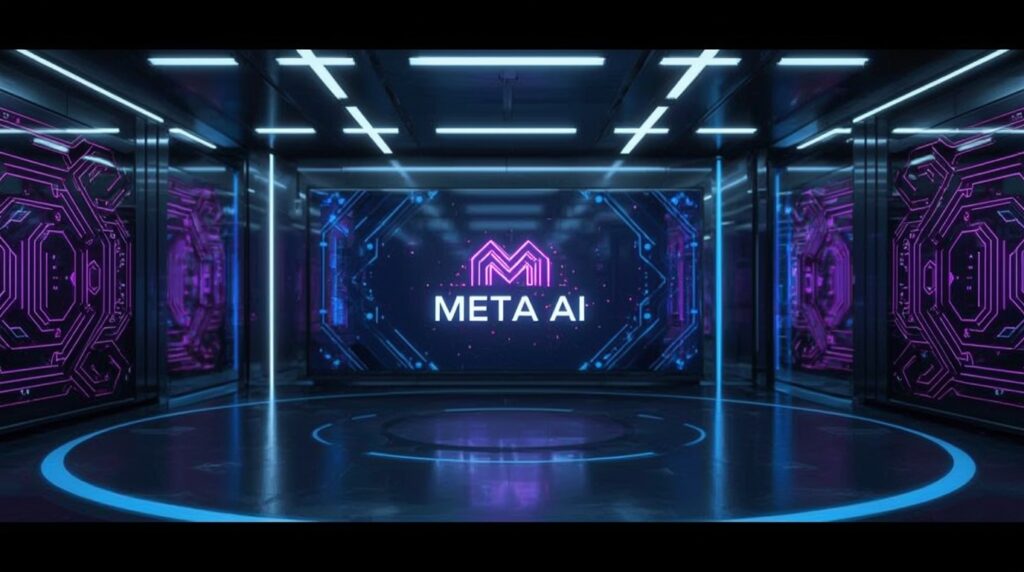 Meta headquarters surrounded by AI circuits representing restructuring and leadership changes.