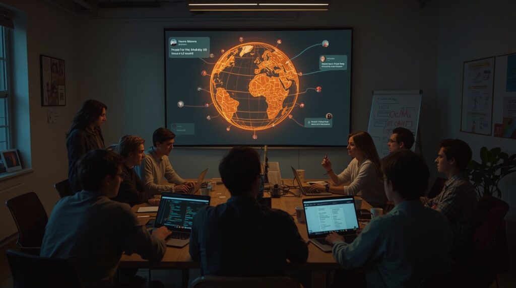 Developers from around the world collaborating on open-source AI models with laptops, a model hub UI, and an on-device AI demo.