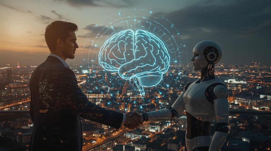 AI-powered city of the future inspired by DeepMind AGI, symbolizing collaboration between humans and intelligent machines.