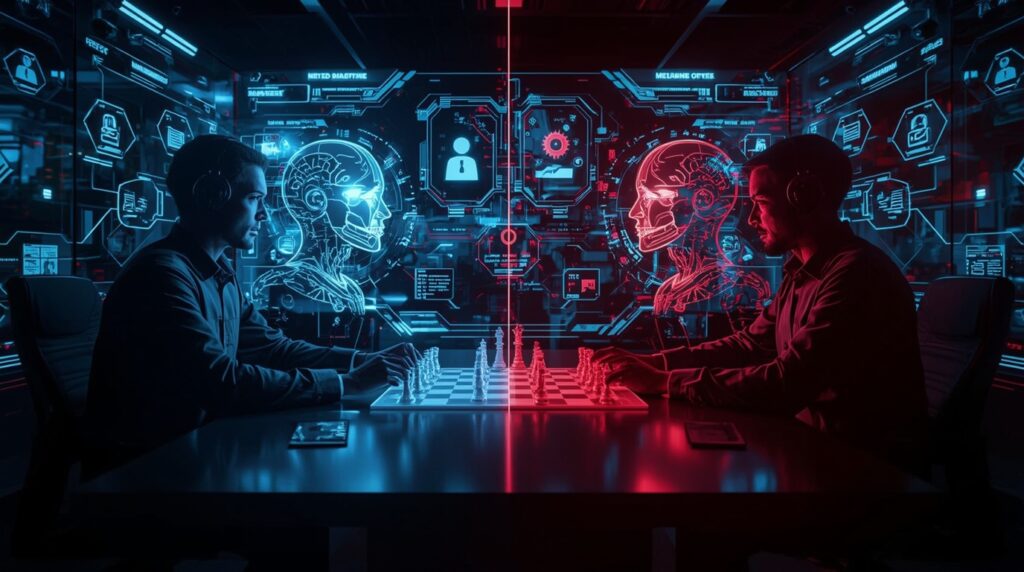 Cybersecurity expert battling AI-driven cyber threats in a high-tech control room, representing the clash between generative AI and digital safety.