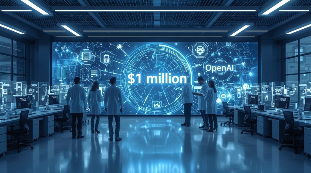  Diverse AI engineers celebrating a $1 million OpenAI employee bonus announcement in a futuristic office.