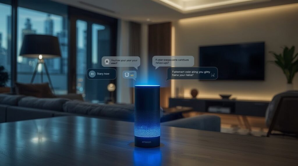 Amazon Echo device demonstrating the Alexa AI upgrade with faster, more natural conversation responses in a smart home setting.