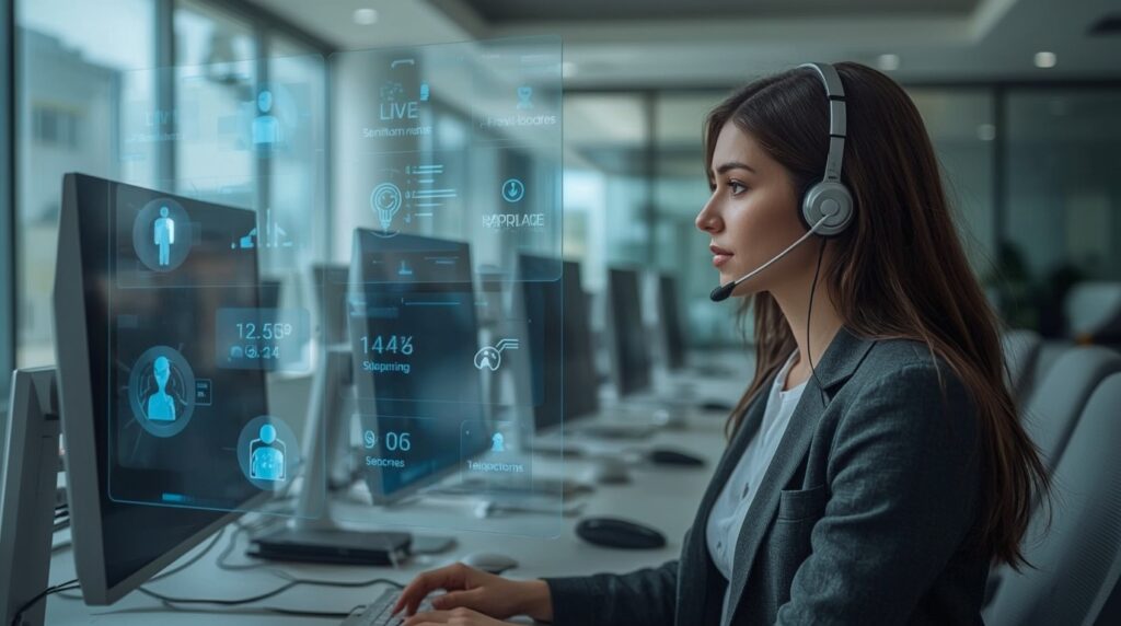 A sales agent using AI-powered, real-time guidance during a tele-calling session.
