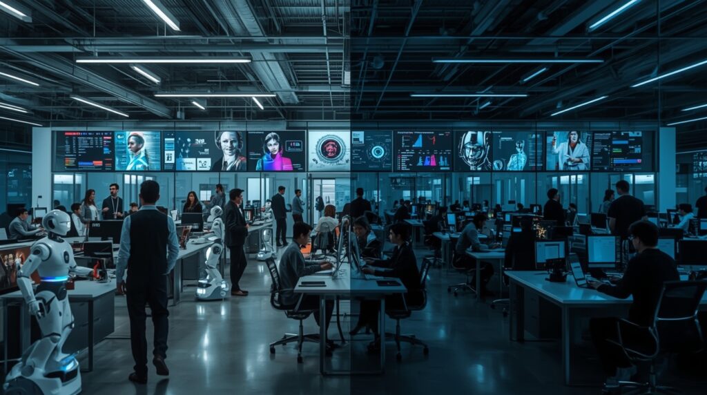 Workers and AI systems sharing an office space, highlighting the 2025 AI job market transformation and automation-driven layoffs.