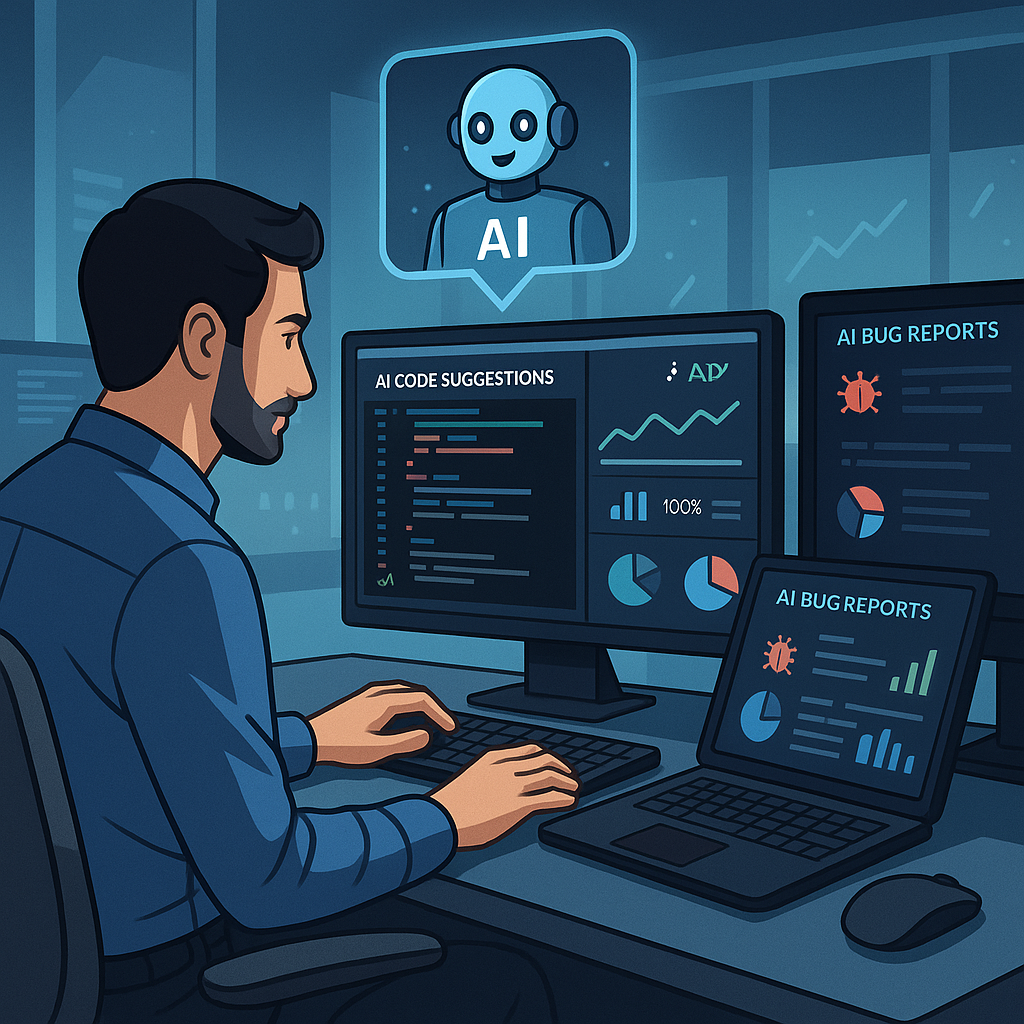 An IT engineer working with AI-powered tools—code suggestions, bug fixes, and dashboards—demonstrating how AI supports productivity.