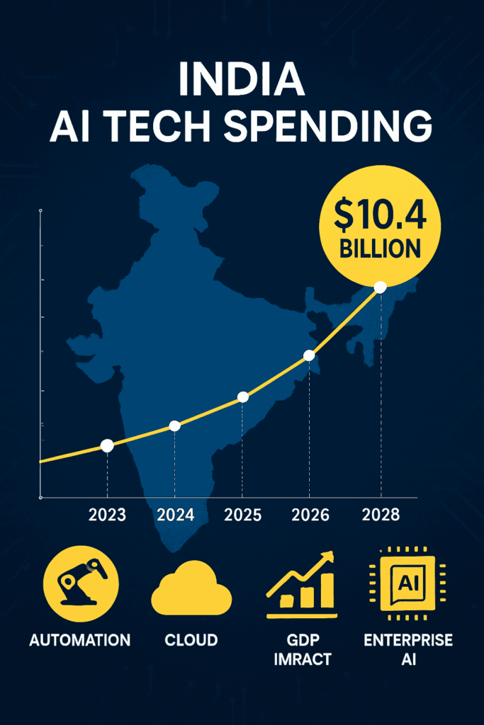 India map graphic showing rising AI tech spending to $10.4B by 2028, with icons representing automation, cloud, GDP impact, and enterprise AI usage.