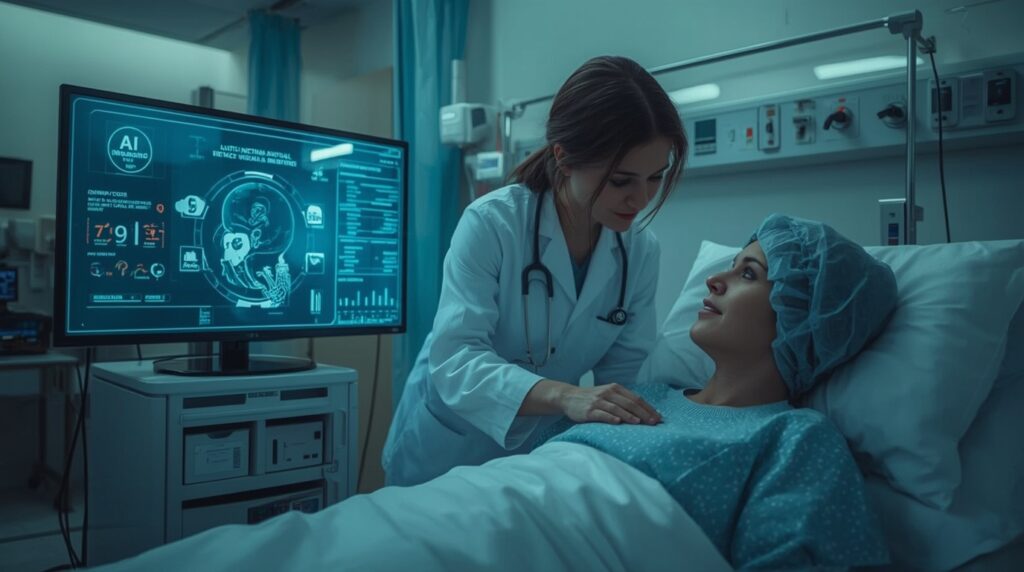 A nurse offering bedside support while an AI system displays diagnostic insights next to the patient.