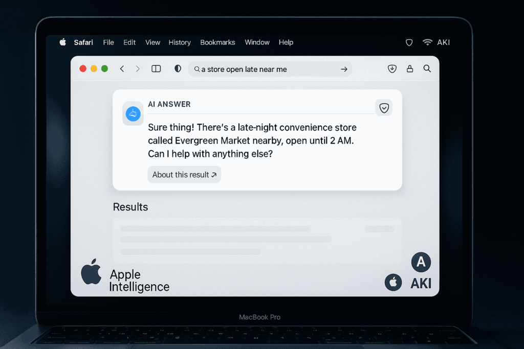A Safari browser window showing an AI-generated answer override search results, with Apple Intelligence and AKI branding visible on a Mac screen.