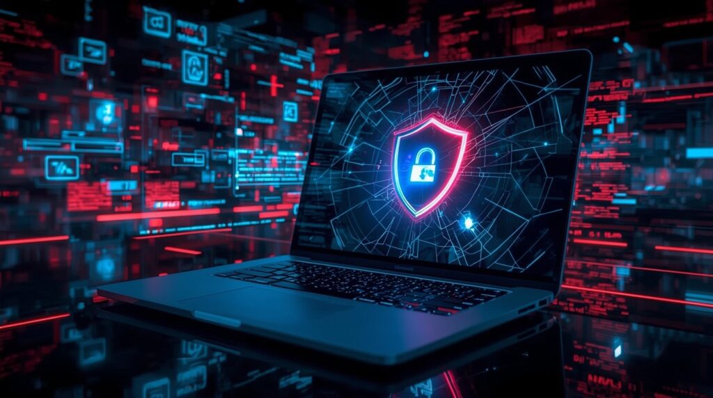 Microsoft’s Project Ire AI scanning files on a laptop with real-time malware detection visuals.