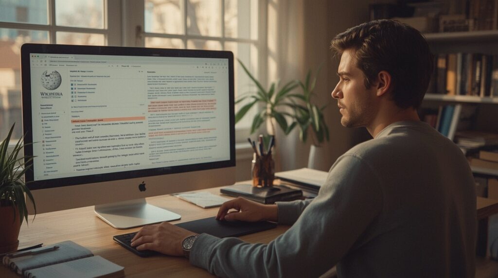 Editor comparing potential AI-generated Wikipedia text on one side with human-edited, citation-supported text on the other to spot AI writing.
