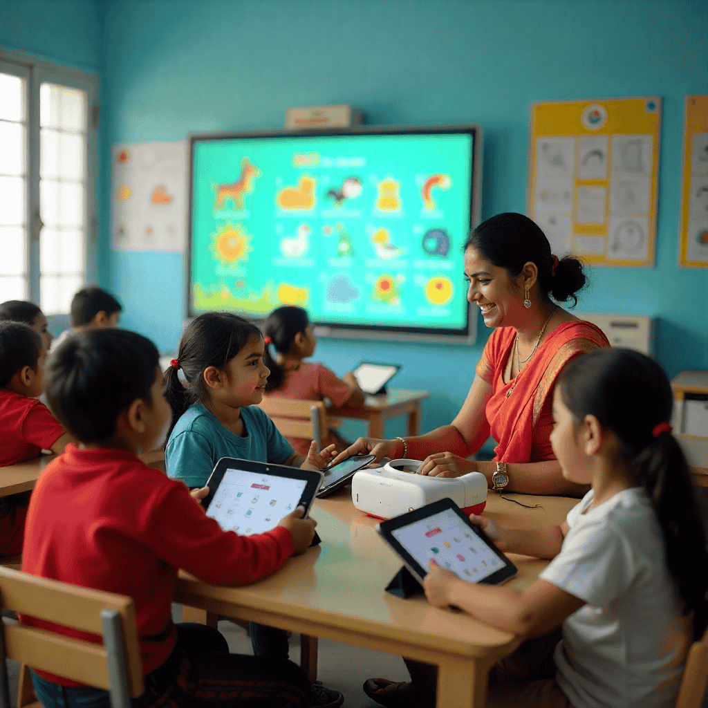 Children learning with tablets and an interactive smart board at India’s first AI-powered anganwadi in a rural classroom, guided by their teacher.