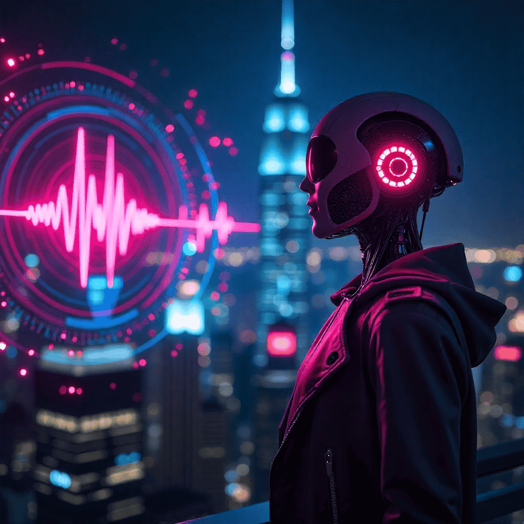 AI in music streaming bots altering playlists and stream counts in a futuristic holographic music app.
