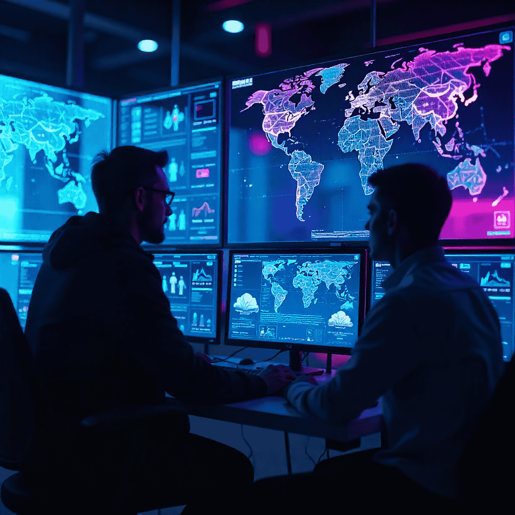 AI-powered cloud-native security dashboard in a modern cyber defense center.