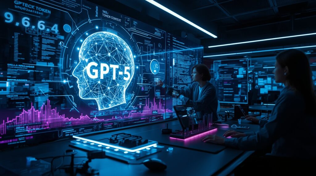 Developers collaborating with a holographic representation of OpenAI GPT-5, showcasing 256K token context and reasoning features.