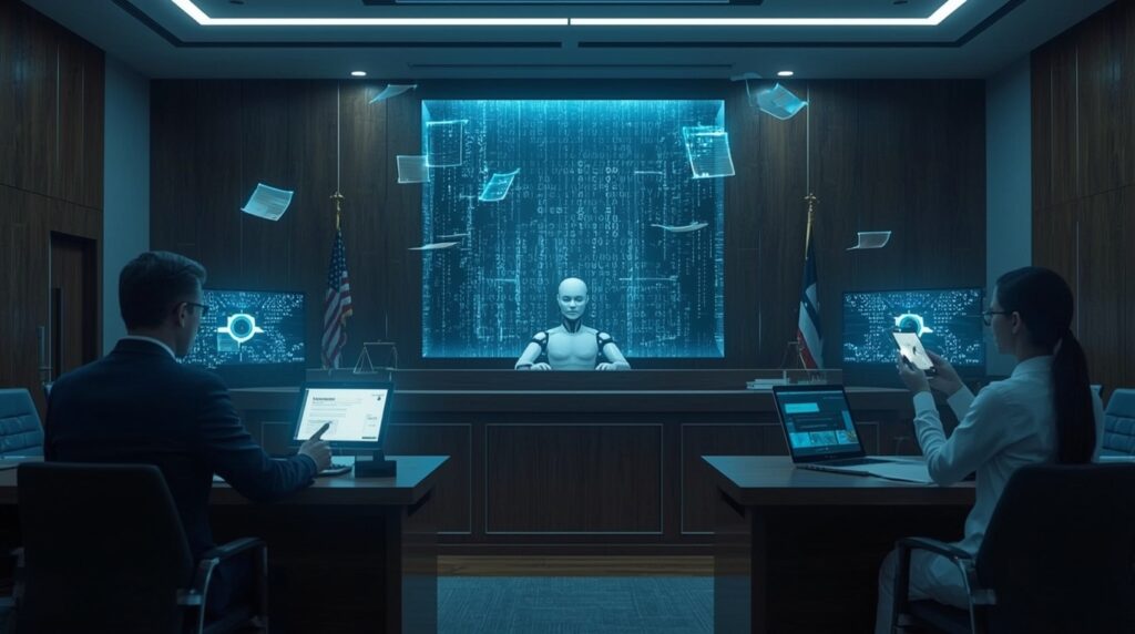 A futuristic courtroom in 2025 with AI-generated content as digital evidence, symbolizing AI ethics and legal challenges.