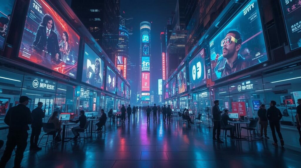 Futuristic city in 2025 showcasing Generative AI innovations, including AI-powered robots, holographic displays, and creative AI-human collaborations.