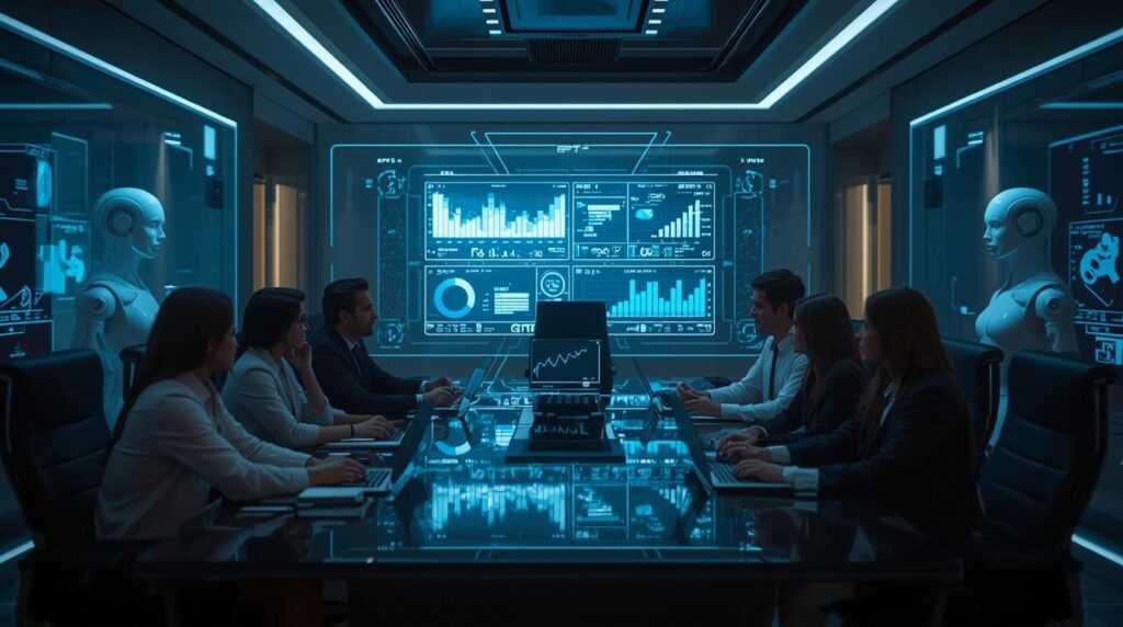 Business team reviewing GPT-5 Rollout and GPT-4o performance on holographic displays in a modern AI-driven workspace.