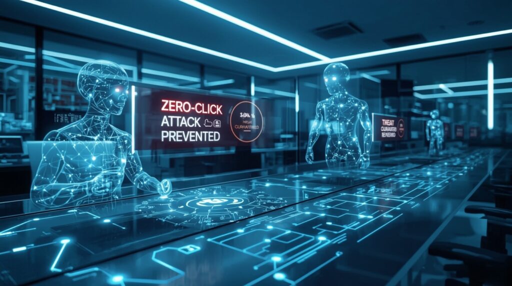 Agent-Based AI Security in action: intelligent agents detect and neutralize stealthy exploits across connected systems.