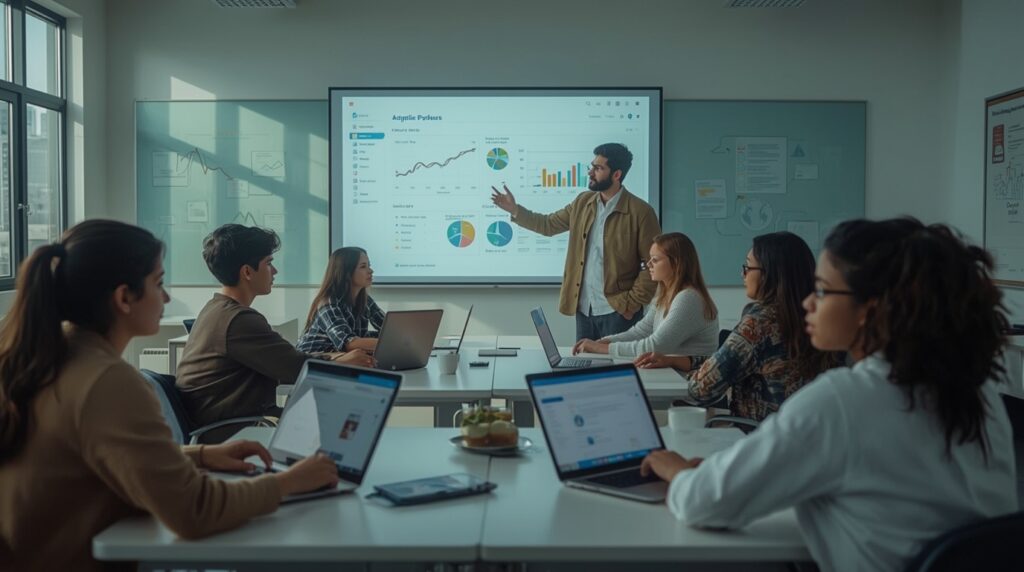 Students and a teacher using AI-powered education tools during an online class; dashboards show personalized learning paths and real-time feedback.