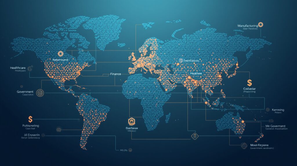 World map infographic showing Global AI Trends and industry case studies in 2025.